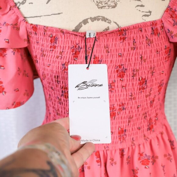 Byinns size M raspberry color floral ruched bodice flutter sleeve dress - NWT - Picture 10 of 16